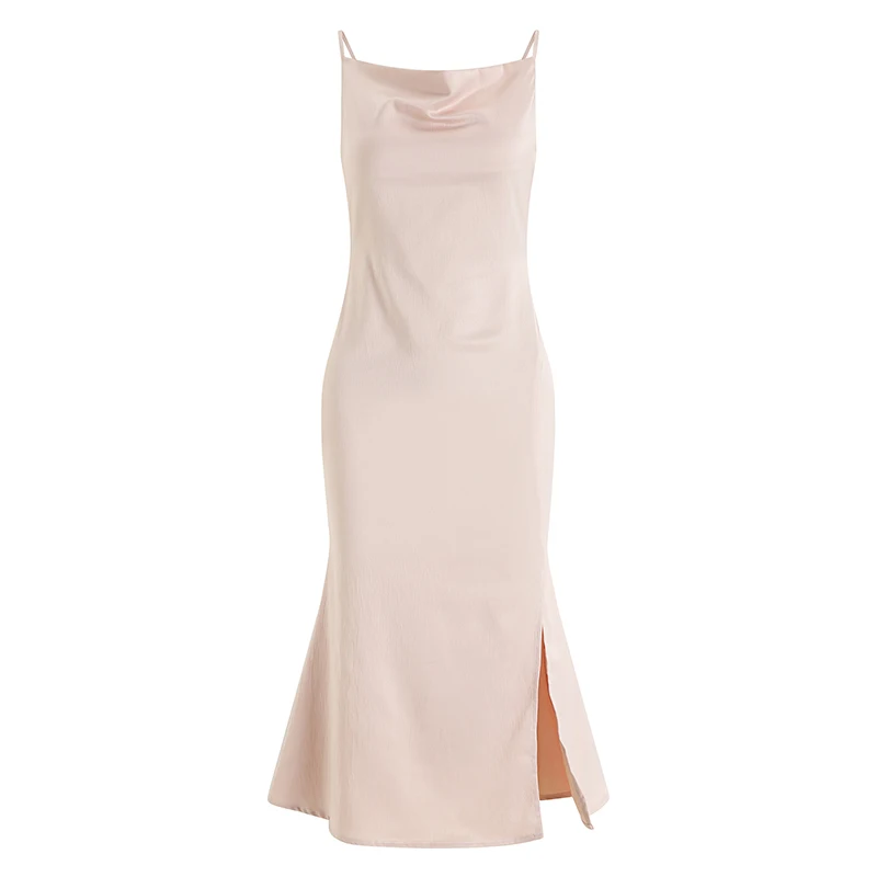 

CMAZ Summer Women Stain Dress Elegant Silk Dresses sexy split Mid Calf long strapdress Sleeveless Slim Female Vestidos 3020#