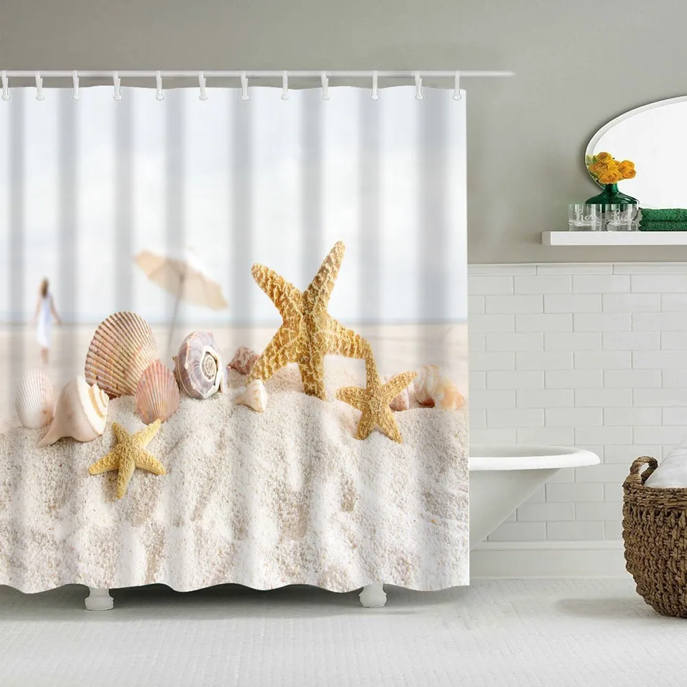 

Dafield Shower Curtain Starfish Seashell Beach Sand Blue Sky Theme Waterproof Polyester Fabric With Hooks