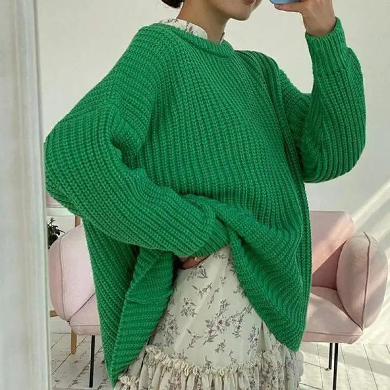 

Женский вязаный свитер средней длины, однотонный пуловер оверсайз из грубой пряжи с длинным рукавом и круглым вырезом, теплый Свободный Топ...