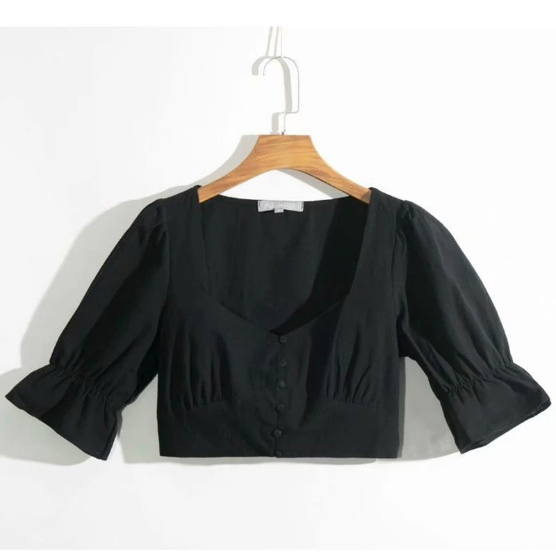 Винтажный буф рукав белая блузка женская 2020 Лето Тонкий ретро укороченный топ и