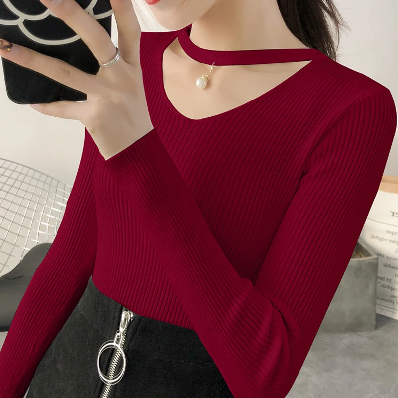 

2022 Autumn Winter New Solid Streetwear Knitted Korean Pullover Burgundy Long Sleeve Sexy Tops Slim V-neck Sweaters Women 16641