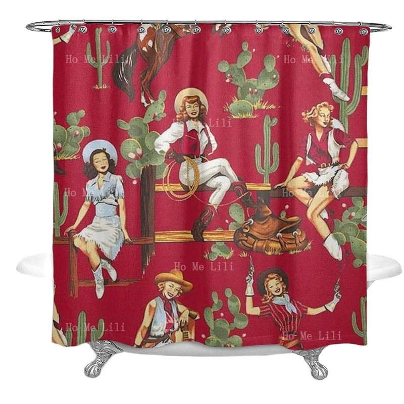 

Vintage Shower Curtains Sexy American Rustic West Cultural Cowgirl Red For College Dorm Hotel Bathtub Decor