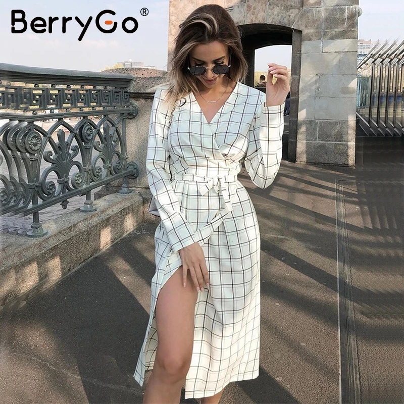 BerryGo сексуальное клетчатое белое длинное платье с v-образным вырезом и длинным