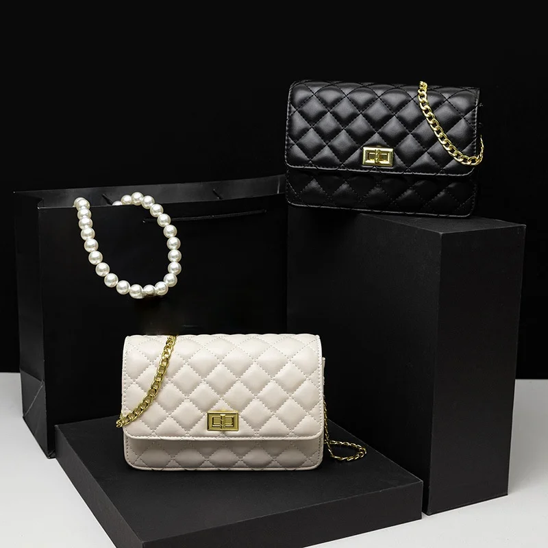 

Youth Ladies Simple Versatile Bag Fashion Lattice Pattern Crossbody Bags Women Solid Chain Shoulder Handbag Pouch for Women 2021