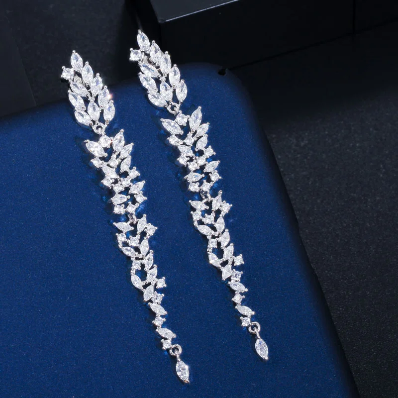 

6,5 см Изысканные Белые фианит огранки «маркиза» Листья уха длинные висячие серьги для свадьбы женские ювелирные изделия