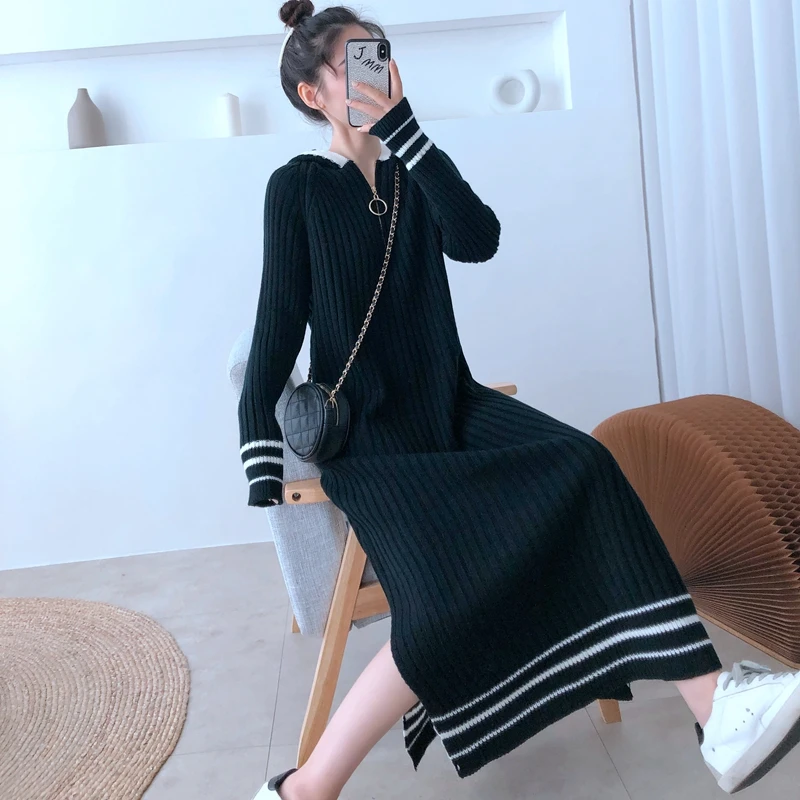 

2021 Winter New Women Dress Hooded Knitted Sweater Stripe Stitching Long Straight Dress Plus Size Thicken Split Casual Vestidos