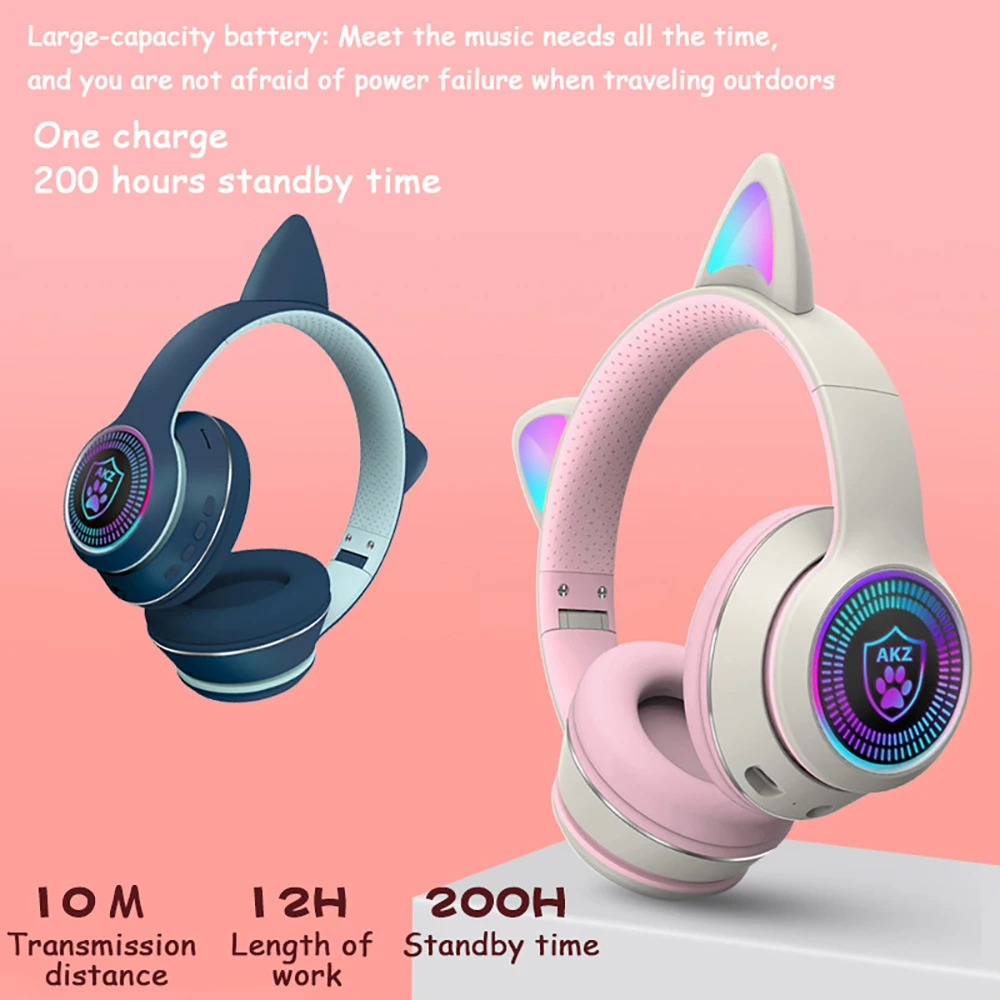 

AKZ-K27 Bluetooth 5.0 Headphones Cat Ear Shape Foldable Wireless Kids Headsets LED RGB Light Gaming Subwoofer Head Earphones