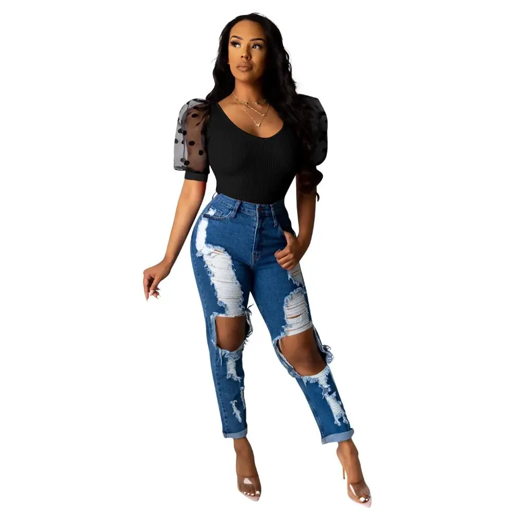 Однотонный пикантный топ в рубчик с пышными рукавами горошек прозрачная