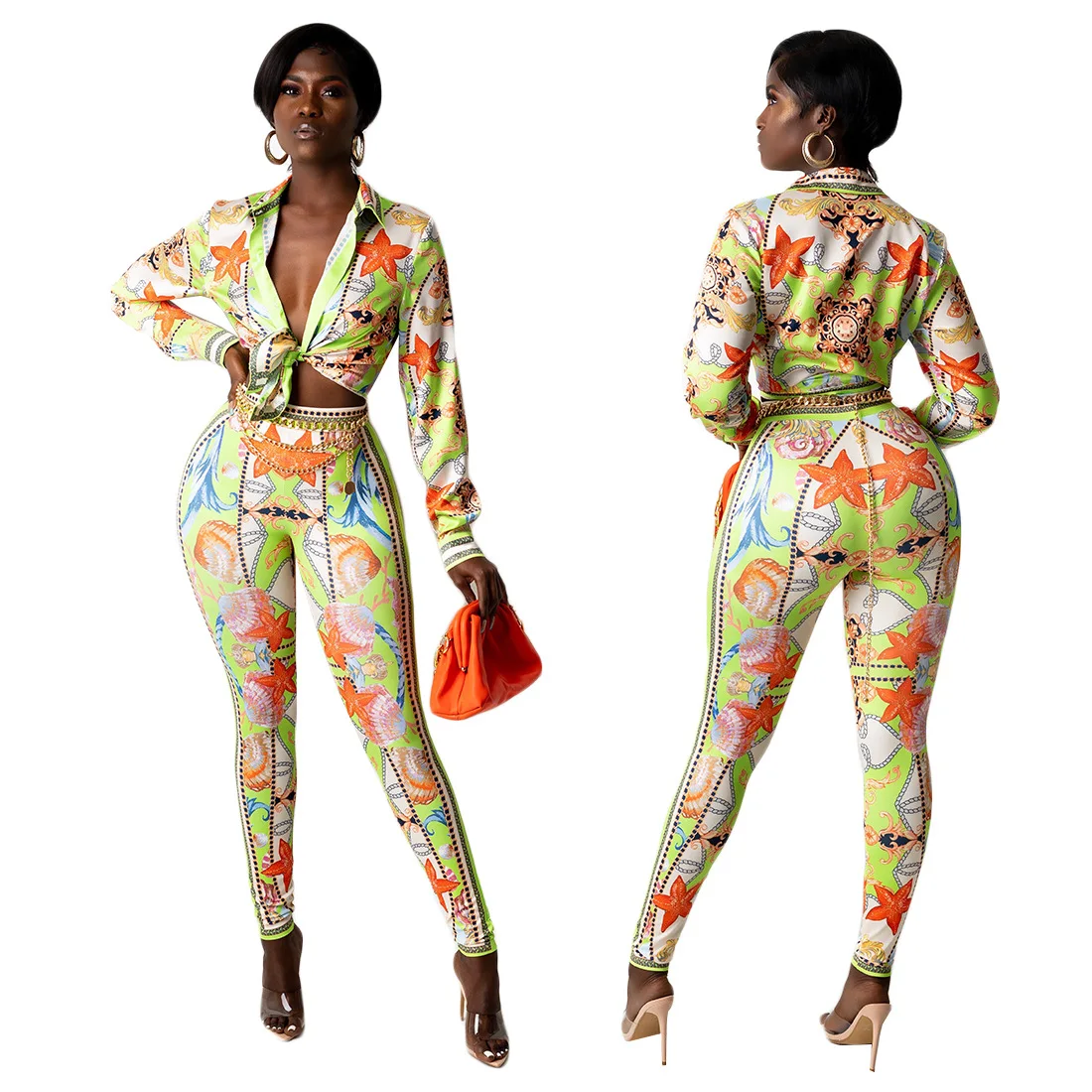 Женский комплект из двух предметов рубашка с длинным рукавом и отложным