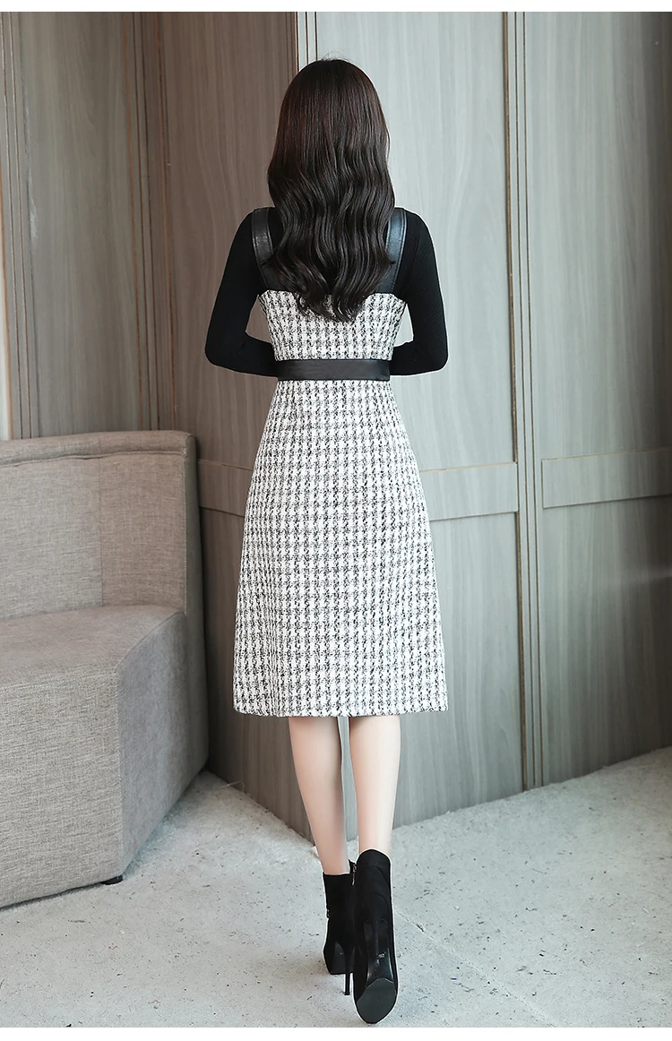 Женское однобортное платье на бретельках клетчатое твидовое вечернее с v образным вырезом Осень зима