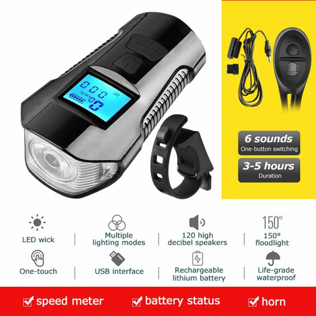 

Waterproof Bicycle Light USB Charging Bike Front Light Flashlight Handlebar Cycling Head Light w/ Horn Speed Meter