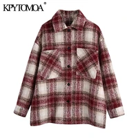 kpytomoa women 2021 fashion with pockets oversized check jacket coat vintage long sleeve snap button female outerwear chic tops
