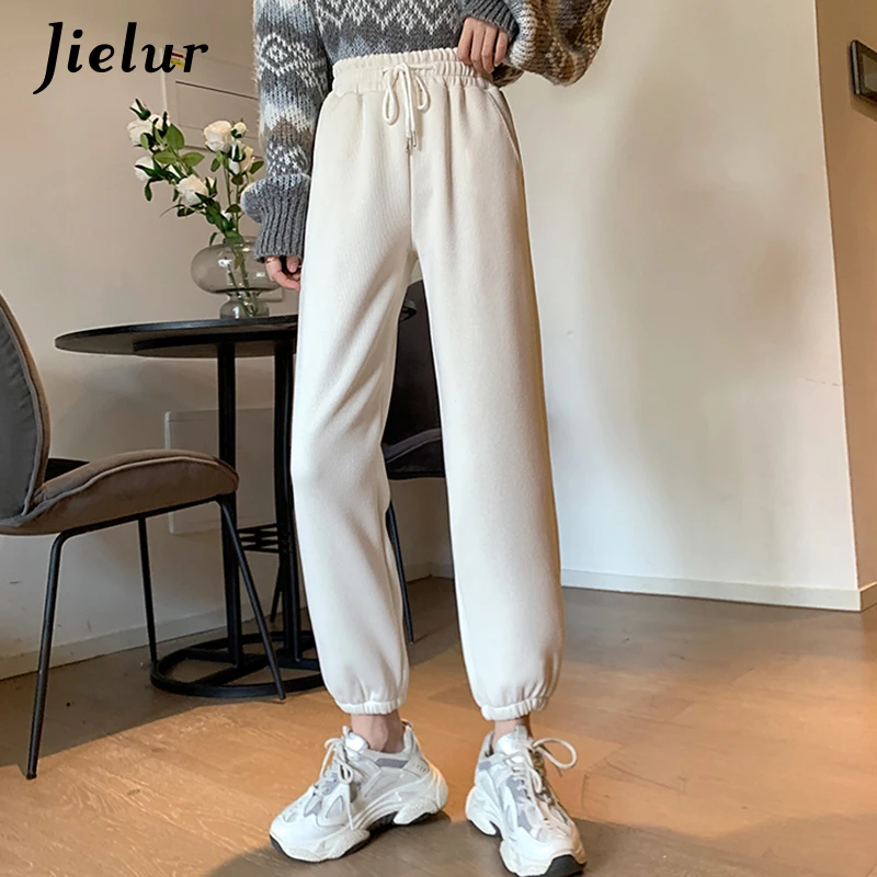 

Jielur 2021 Winter Harem Pants for Women Casual Velvet Thick Trousers Female Drawstring Baggy Sweatpants Fitness Harajuku S-L