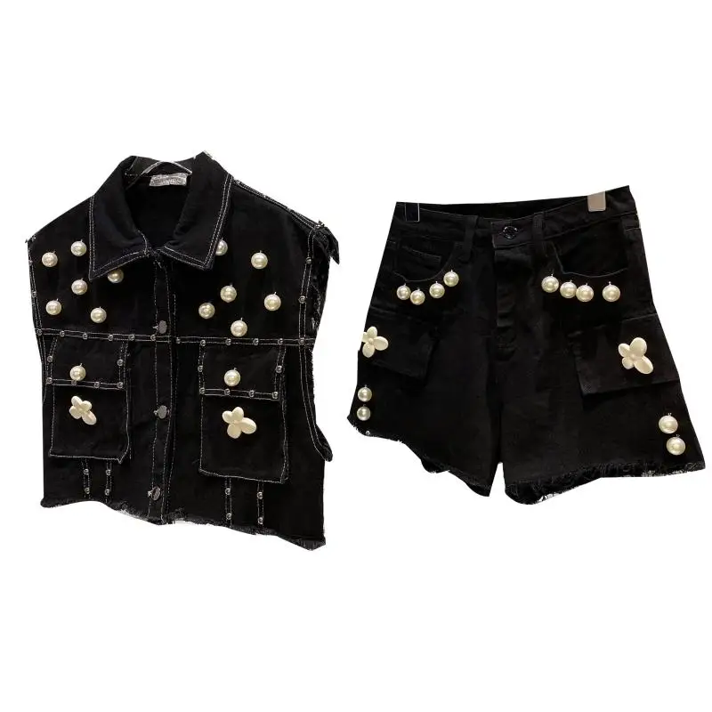 

Denim Shorts Two-Piece Sets Women 2021 Summer New Streetwear Pearl Diamond Denim Jacket Vest High Waist A Line Jean Shorts Suit
