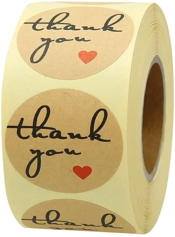 

500 Natural Kraft Paper Round Cookie Stickers Thank You Stickers with Red Heart 1 Inch Permanent Adhesive Label