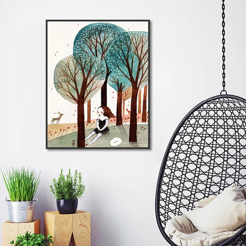 

Cute Lovely Cartoon Girl Forest Canvas Hanging Pictures Decorative Paintings for Child Bedroom Living Room House Decor Poster