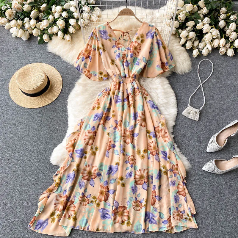 

Bohemian Floral Print Chiffon Dress Women 2021 Summer Fashion V-neck Short Sleeve Elastic Waist A-line Ruffles Beach Long Dress