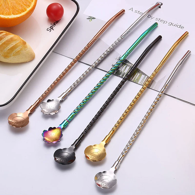 

1Pc Long Twisted Straw Spoon Portable Gold Tea Scoop Reusable Colored Stainless Steel Straws Black Dinnerware Set For Bar Party