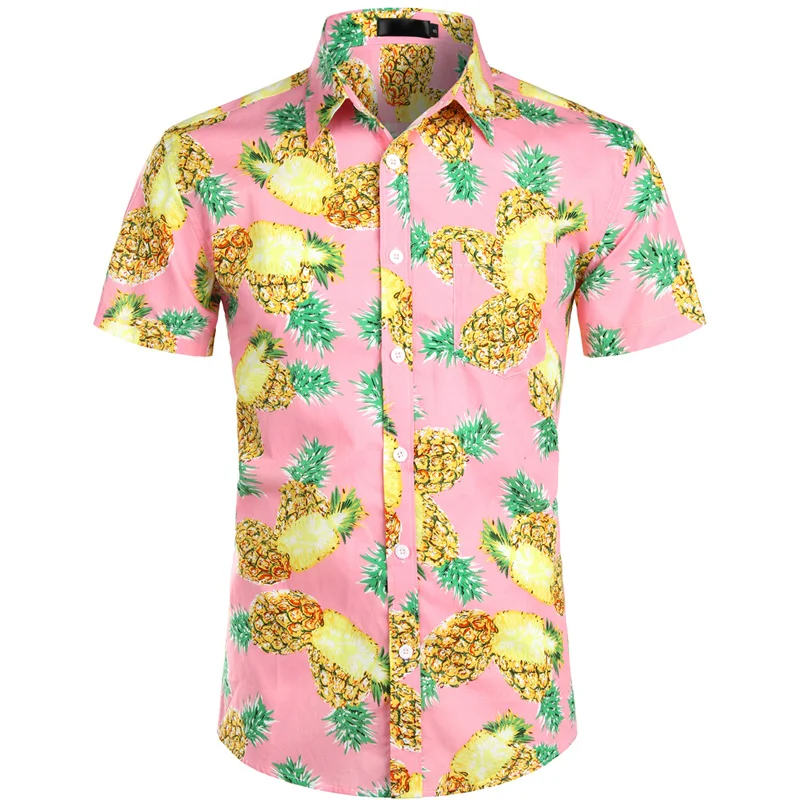 Pink pineapple Гавайские рубашки мужские тропические розовые цветочные пляжные рубашки летние с коротким рукавом Одежда для отдыха повседневная гавайская рубашка для мужчин размер США XXL - Цвет: Pink pineapple