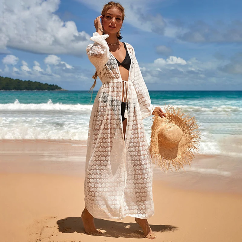 

Women Beach Sarong Bikini Cover Up Long Lace Sun Protection Suit Wihte Swimwear Travel Pareo Beach Dresses And Tunics