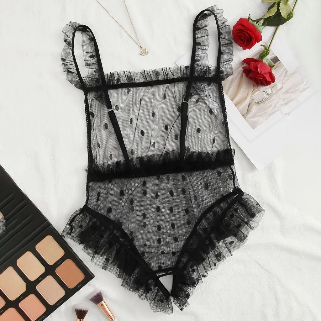 

Transparent Mesh Lace Lingerie Bodysuit Polka Dot Ruffles Sleeveless Women Bodysuit Sexy Exotic Bodystocking Body Femme Dentelle
