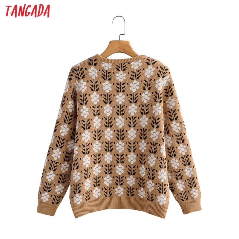 

Tangada 2021 Autumn Winter Women Elegant Flowers Knitted Cardigan Sweater Jumper Button-up Female Tops 1F280