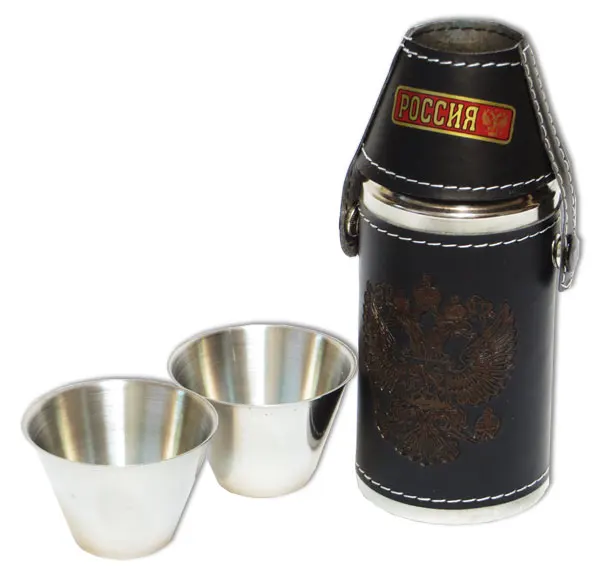 Фляжка металлическая цилиндрическая с двумя стопками герб России|Плоские фляги|