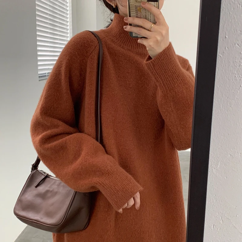 

Autumn and winter women's sweater casual solid color high neck long sleeve loose sweater