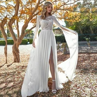 2021 wedding dress bohemian chiffon beach split cheap lace appliques boho vintage civil bridal gowns floor length wrap charming