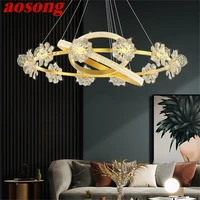 aosong gold luxury chandeliers light modern crystal led brass pendant lamp flower home fixture for living room