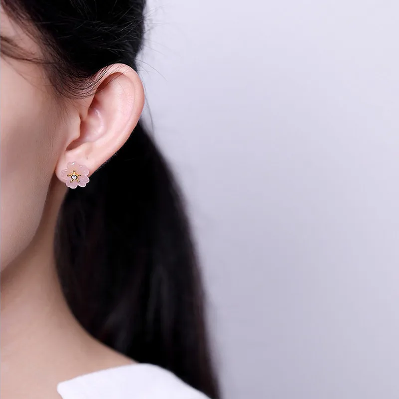Stud Earrings Роскошные женские ювелирные наборы из 14 к золота с цветком, не линяют, натуральный розовый кристалл, Сакура, серьги-гвоздики, цветочные ожерелья+ цепочки - Цвет камня: Stud Earrings