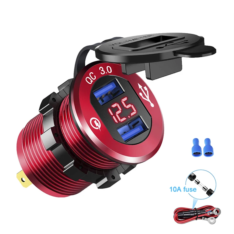 quick charge 3 0 dual usb car charger fast charge socket aluminium power outlet with led voltmeter for 12v 24v car boat marine free global shipping