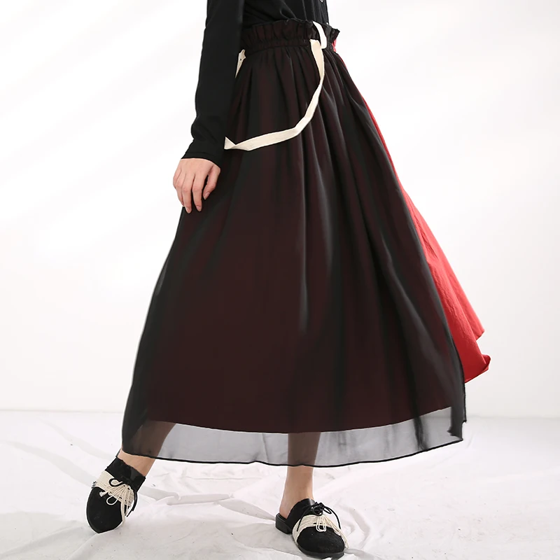 

women's long - skirt, high waist elastic skirt, red and black mesh, fashion, spring and autumn, 2021, 1t4403