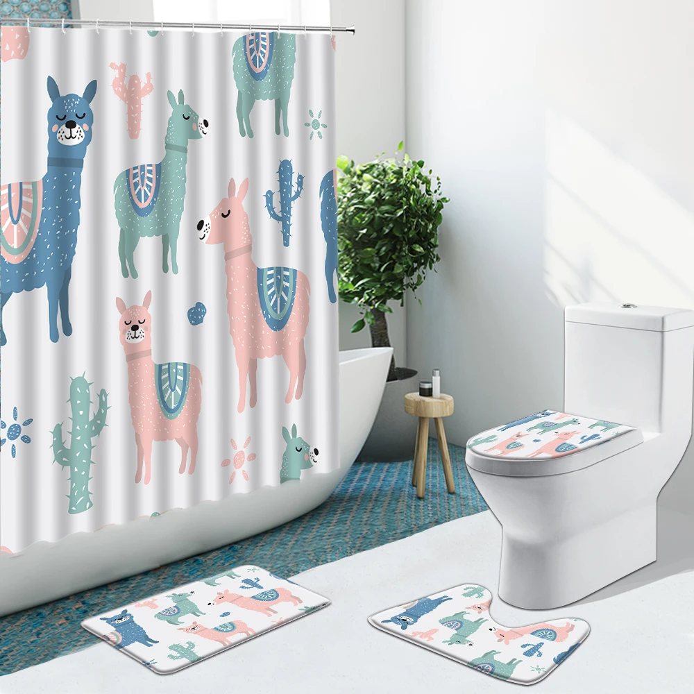 

Cartoon Animal Dog Alpaca Bathroom Set Shower Curtain Zebra Flower Non-Slip Rugs Flannel Toilet Carpet Cover With Hooks Bath Mat