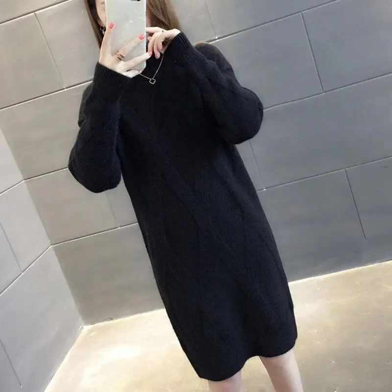 

2020 Autumn Winter Womens Long Sleeve Sweater Pullovers Female Knitted Long Dress Ladies Solid Thicken Warm Clothes Female