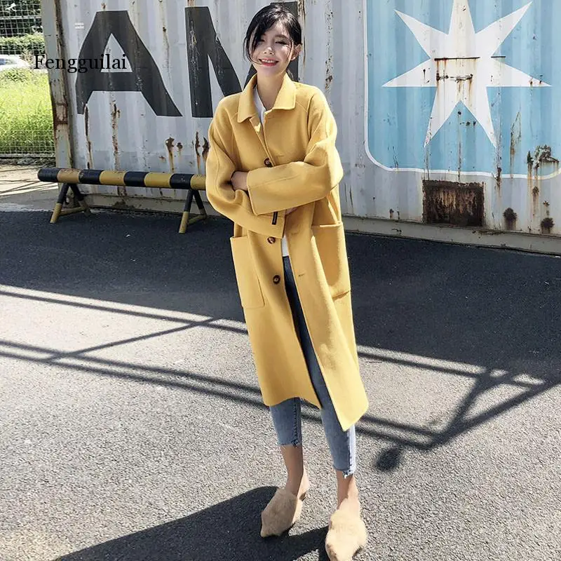 

Off Season Yellow Woolen Jacket Women's Mid-length Korean-style New Style Autumn And Winter Popular over-the-Knee Woolen