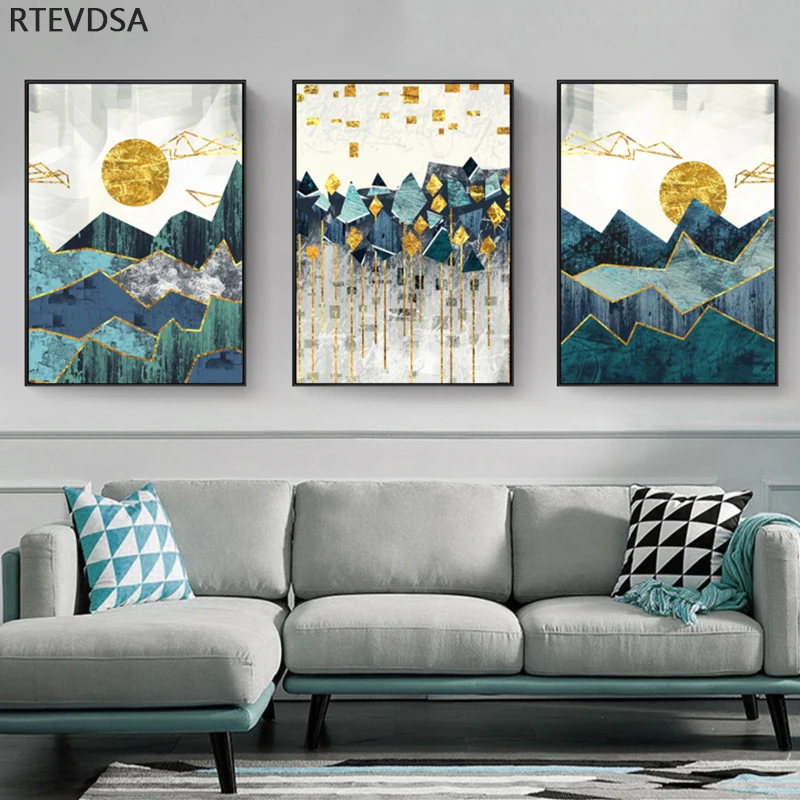 

Nordic modern abstract art canvas oil painting gold foil sun landscape poster home wall personality decoration