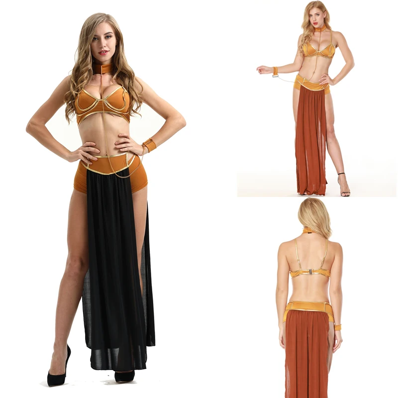 

New Sexy Carnival Cosplay Princess Leia Slave Costume Dress Gold Bra and Neck chain Halloween Costume
