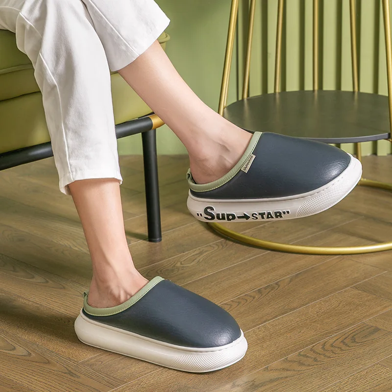 

Mr Co Autumn And Winter Cotton Slippers Men's EVA Thick-soled Home Warm PU Lint Slippers For Indoor And Outdoor Wear