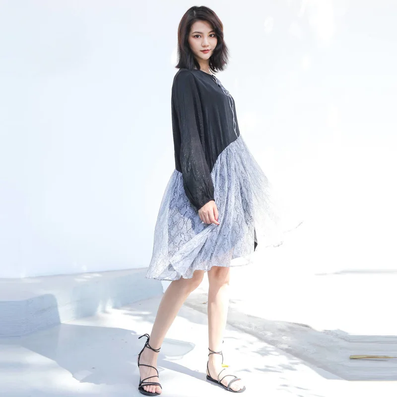 Женское шифоновое платье LANMREM свободное с высокой талией и круглым вырезом