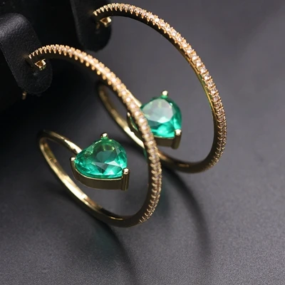Green Золотой обруч серьги зеленый в форме сердца Кристалл Камень круглые серьги для женщин высокое качество белый кубический цирконий ювелирный подарок - Окраска металла: Green