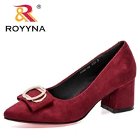 royyna 2020 new designers flock fashion pumps women metal slip on high heel shoes ladies pointed toe office zapatos feminimo