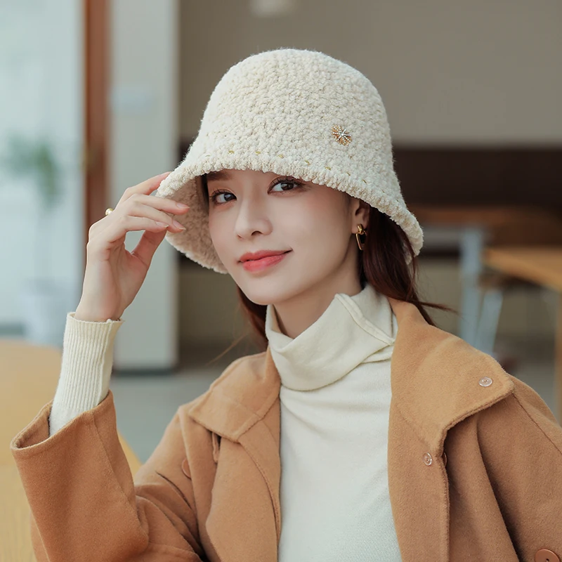 

Lamb Cashmere Fisherman Hat Retro Knitted Wool Basin Bucket Hat Winter Women Fashion Solid Color Lamb Fur Hat Bucket Cap