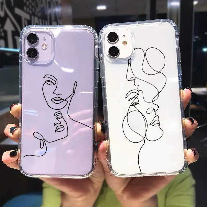 

Phone Case for IPhone 7 8 Plus 6s 12 11 Pro Max X XR XS Max SE2020 Abstract Geometric Art Line Face Shockproof Clear Cover Coque