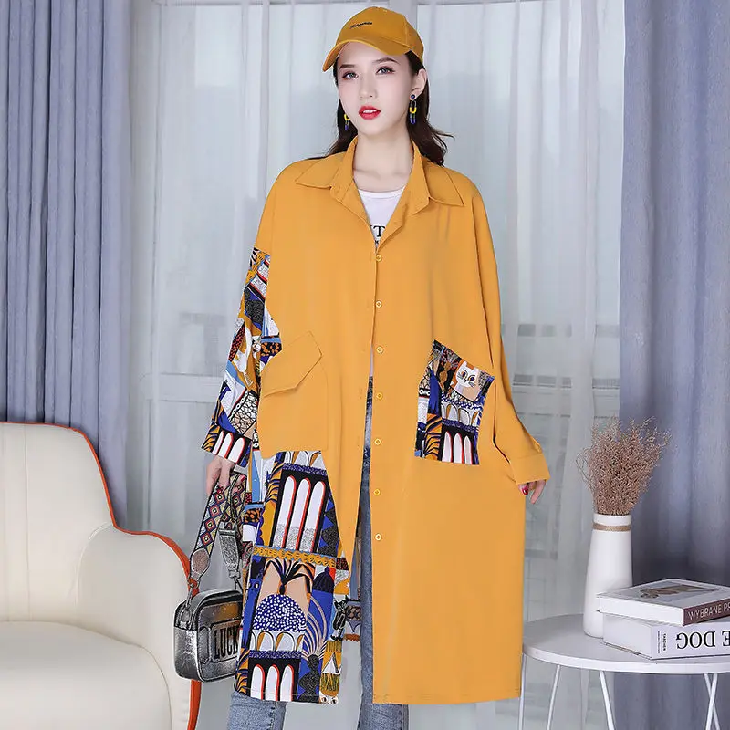 

Spring And Autumn New Korean Style Trendy Shirt All-Match Slimming Fashion Stitching Loose Mid-Length Shirt Women