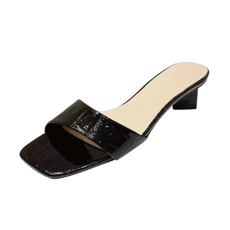 

Low Shoes Woman's Slippers Square Toe Rubber Flip Flops Slides Heeled Mules 2021 Hawaiian Block High PU Basic Fabric Rome Hoof