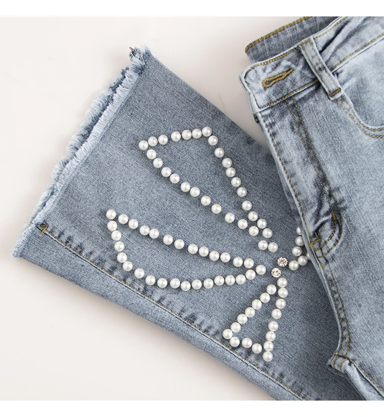 

Light Blue Ankle-Length Flare Pants Fashion Design High Waist Pearl Jeans Women 2021 Spring/Summer High-end Beaded Elegant Pants
