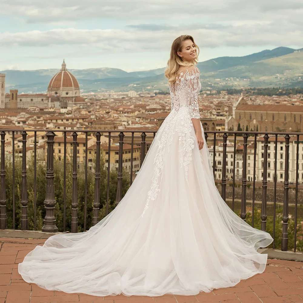 Vestido De Novia Princesa Свадебное платье трапециевидной формы три четверти с кристаллами
