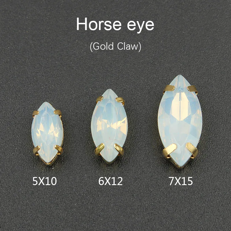 Камни-опалы для декора обуви и головных уборов с золотой хвостовиковой оправой, размером 5x10 мм / 6x12 мм в форме "лошадиного глаза" из смолы для шитья.