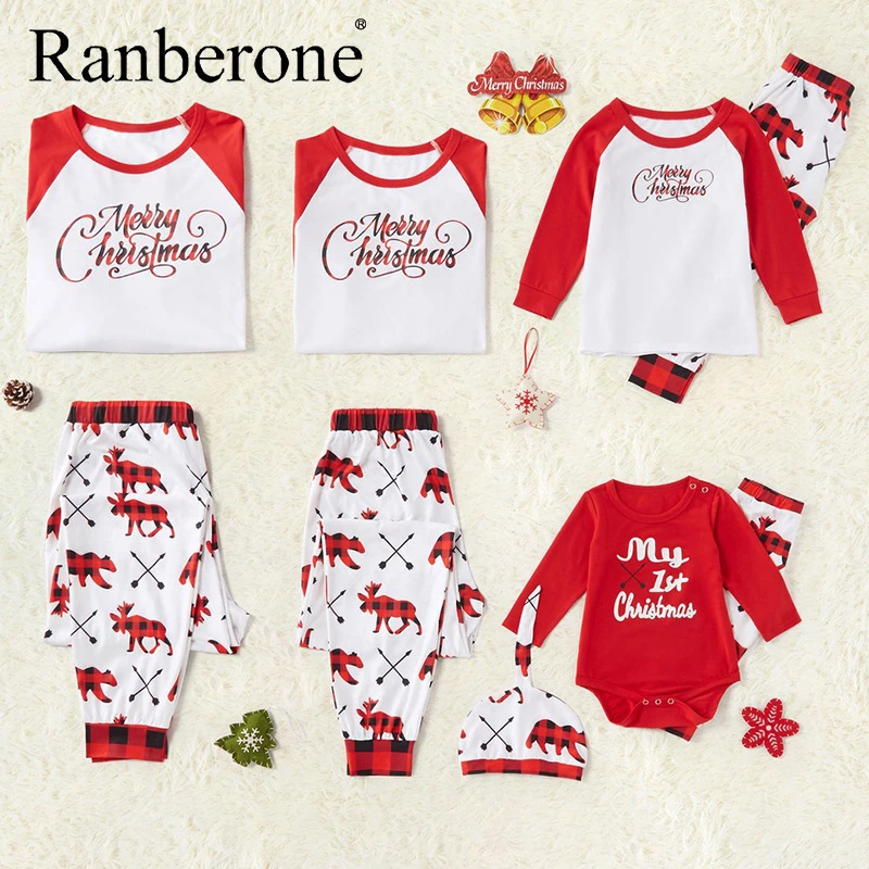 Ranberone Splicing Tracksuit Printing Kids Family Christmas Set Breathable Health Long Sleeve And Trousers Family Suit Mother